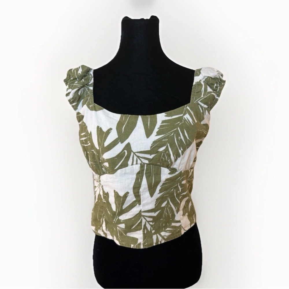 Abercrombie And Fitch Crop Top Linen Sz L Scrunchie Sleeve Green Tropical Beachy